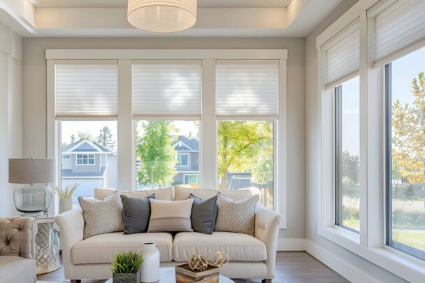 custom pleated shades on multiple tall windows