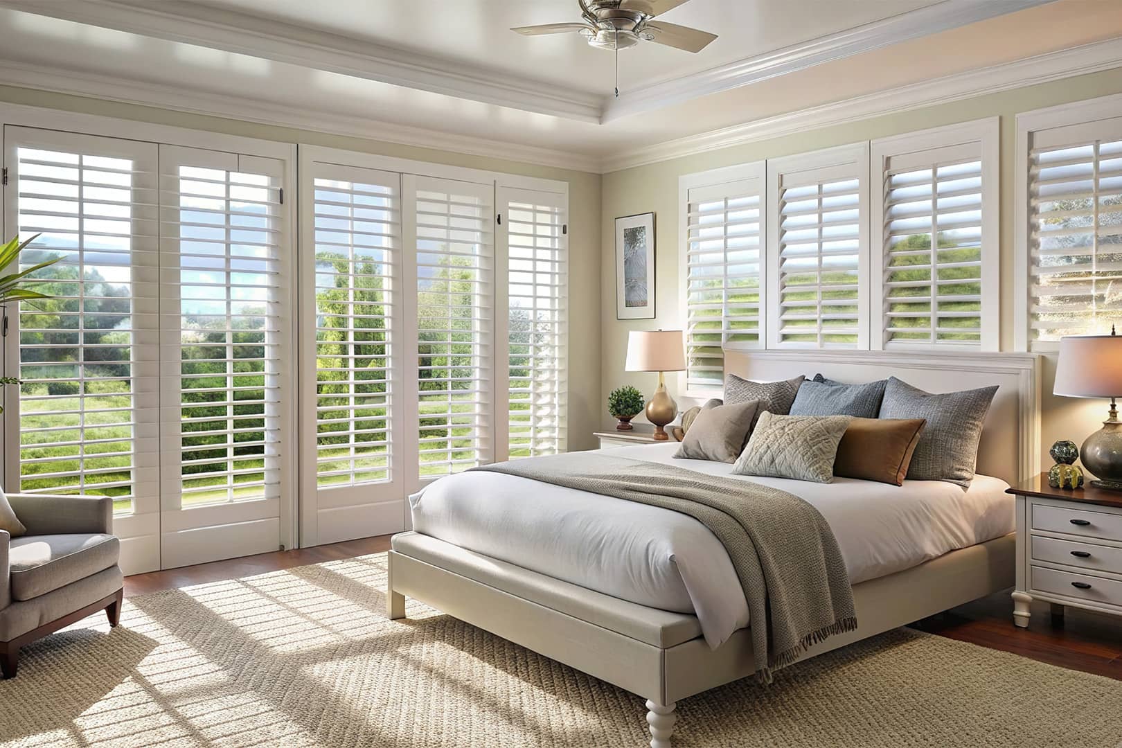 floor to ceiling plantation shutters in a bedroom