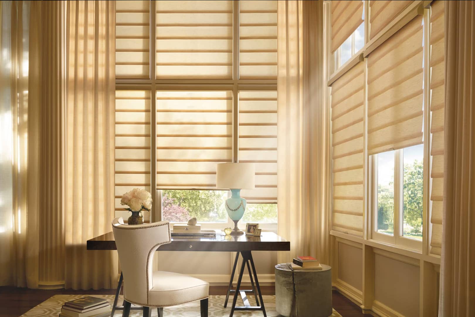 modern Roman shades in an office