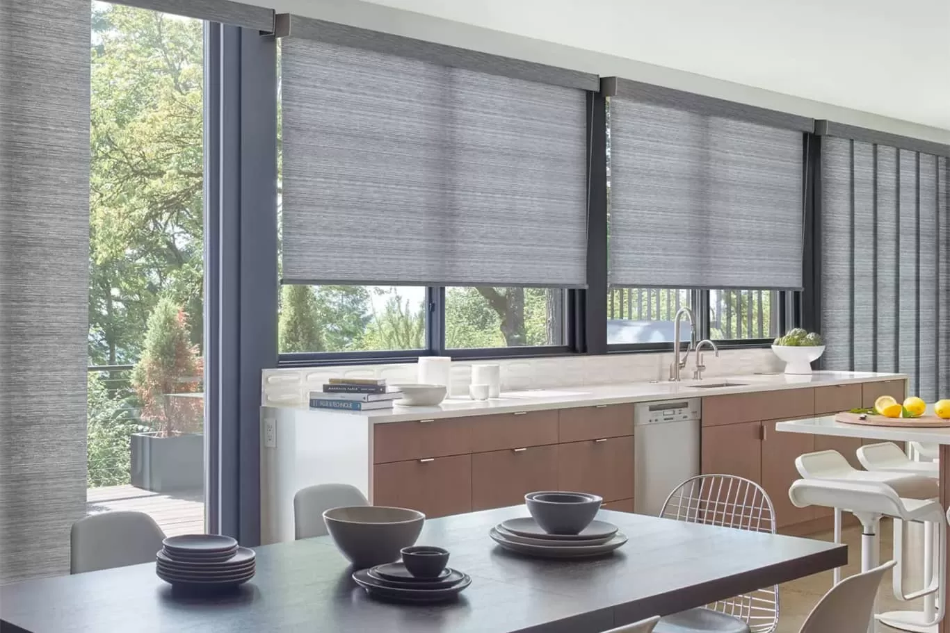 shades on sliding glass door and large windows