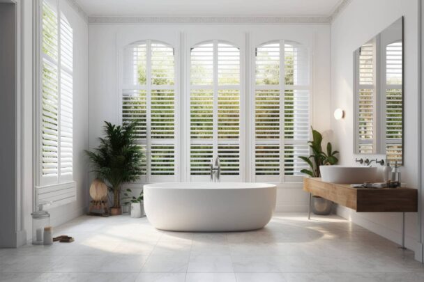 tall, arched windows with white plantation shutters in a bathroom